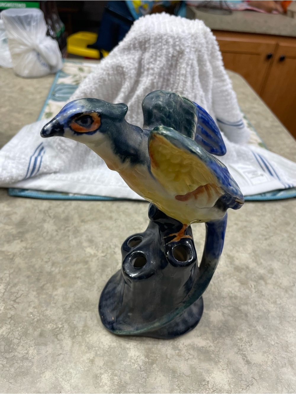 Hand-Painted Ceramic Bird Figurine - Blue, Yellow, Green